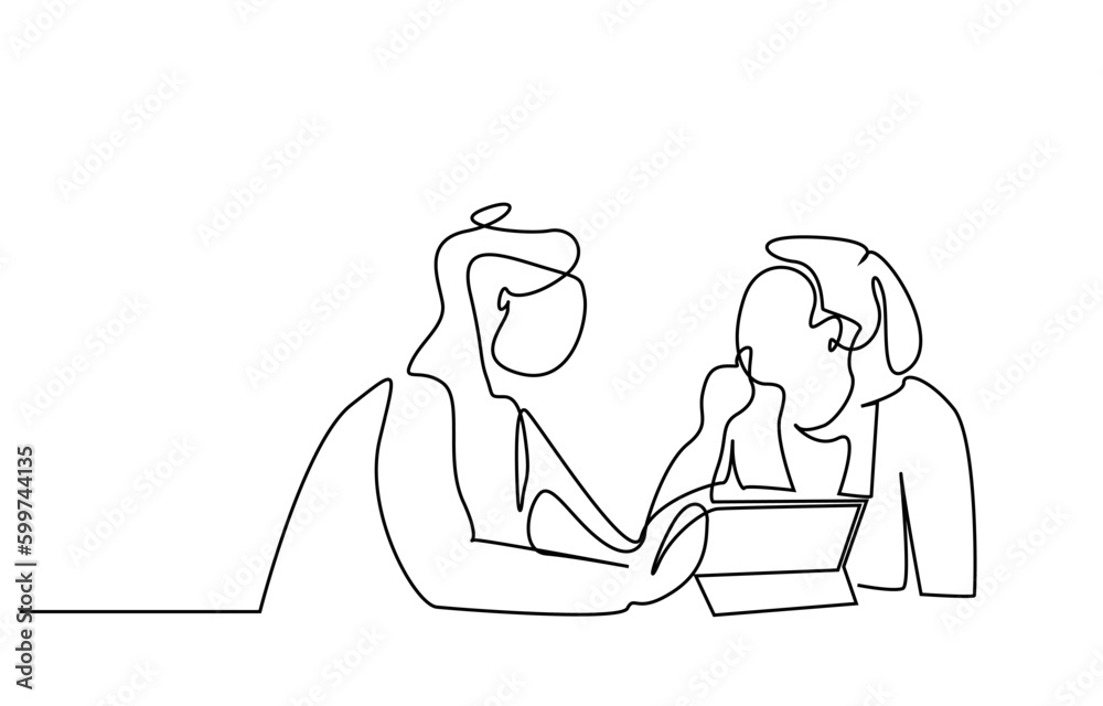 two businesswomen talking table tablet meeting line art