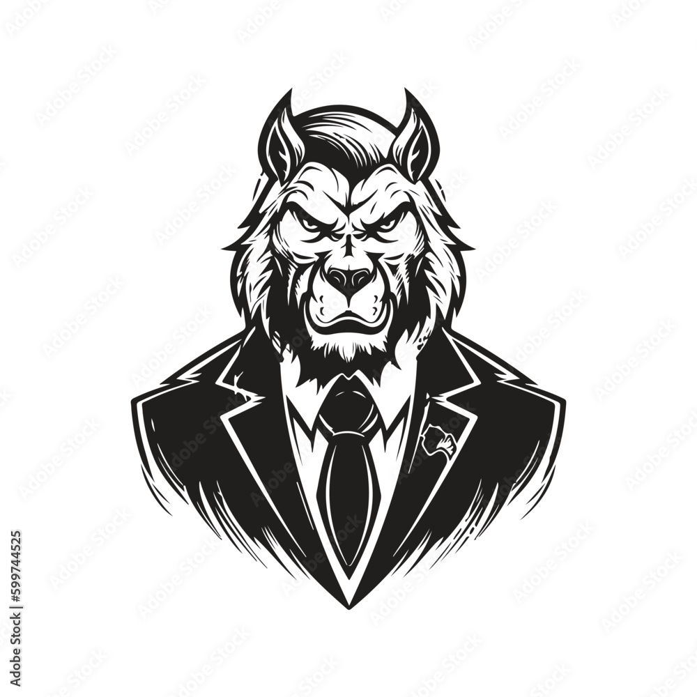 beast wearing suit, vintage logo line art concept black and white color, hand drawn illustration