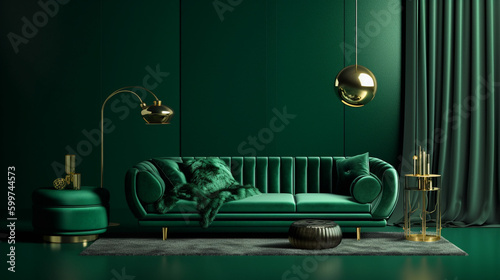 Luxurious Modern Art Deco Living Room Interior Design - Emerald Green with Suede Sofa and Gold Lighting - Generative AI