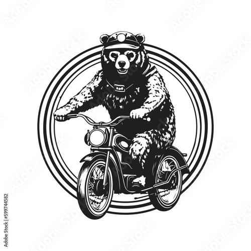 bear on bike, vintage logo line art concept black and white color, hand drawn illustration