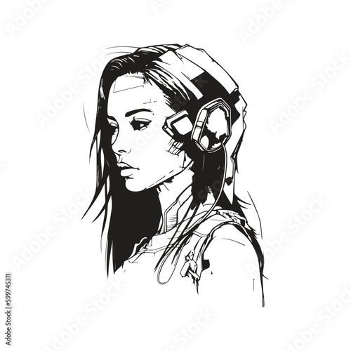 beautiful cyberpunk girl, vintage logo line art concept black and white color, hand drawn illustration