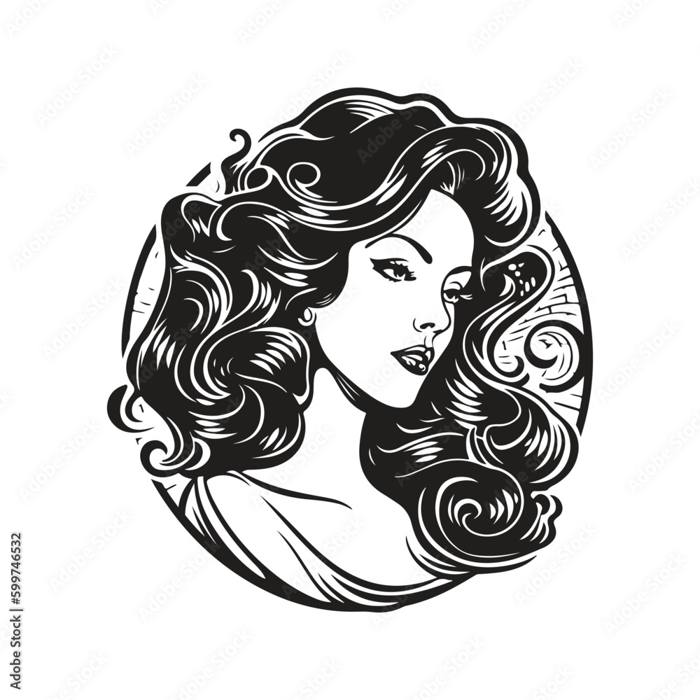 beautiful fantasy woman, vintage logo line art concept black and white color, hand drawn illustration