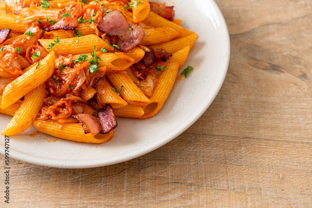stir-fried penne pasta with kimchi and bacon stir-fried penne pasta with kimchi and bacon