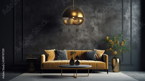 Luxurious Art Deco Living Room Interior Design Concept with Moody Concrete Walls, Gold Accessories, Plants and Modern Furnishings - Generative AI