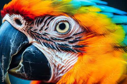 Close up on the eye of a very brightly colored parrot, exotic bird