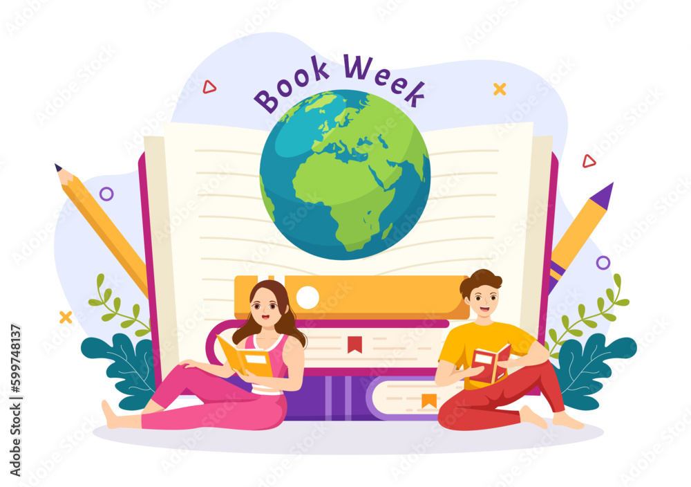 Book Week Events Vector Illustration with People Reading or Students Study Textbooks in Flat Cartoon Hand Drawn Landing Page Templates