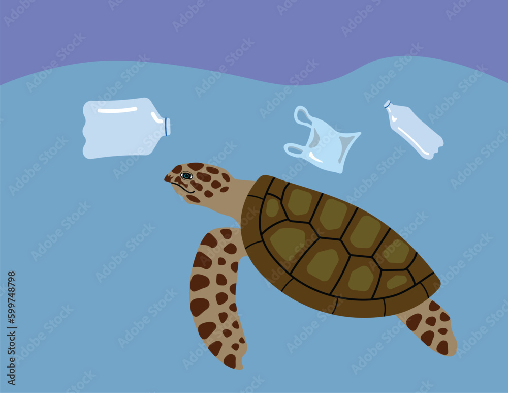 Sea turtle swimming underwater with plastic waste floating. Pollution ...