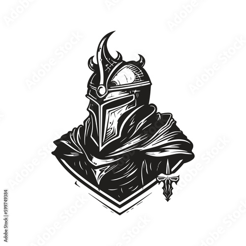 brave knight, vintage logo line art concept black and white color, hand drawn illustration