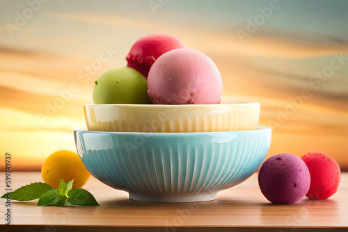 Set of bowls with various colorful Ice Cream scoops with different flavors dressing with fresh ingredients