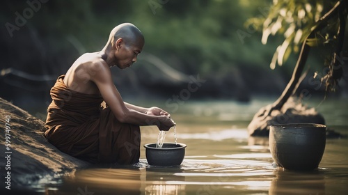a monk was washing his vessel in the river, Generative AI