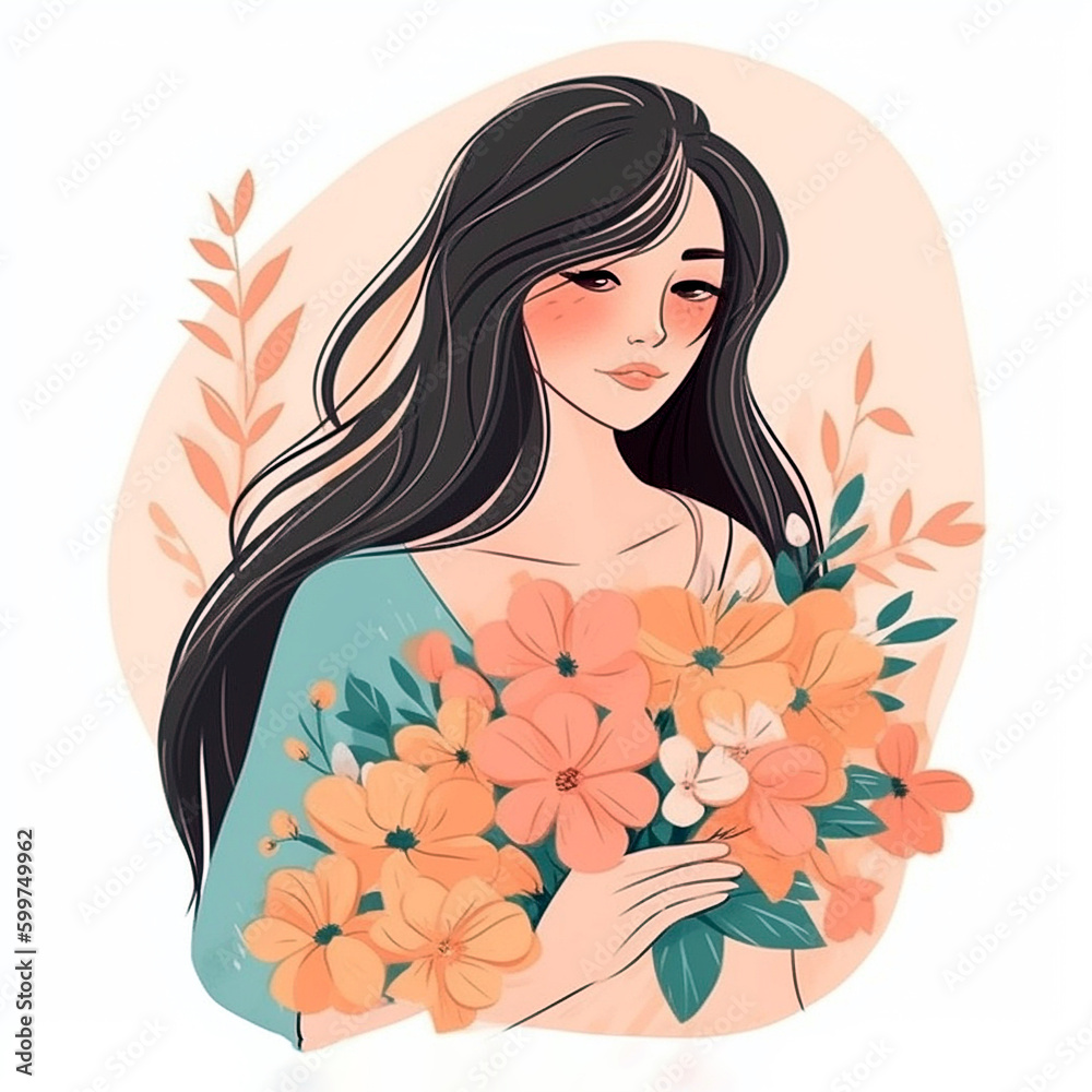 Young happy woman holding flowers, generative ai illustration. Young happy woman holding flowers, generative ai illustration.