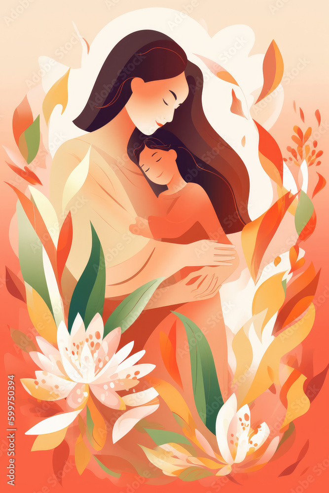 Mother's Day illustration, mother and son hug each other. Mother's Day illustration, mother and son hug each other.