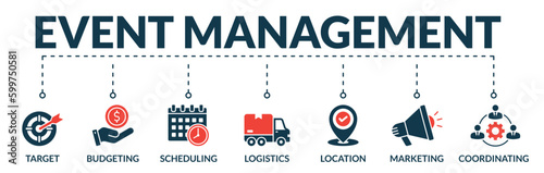 Banner of event management web vector illustration concept with icons of target, budgeting, scheduling, logistics, location, coordinating