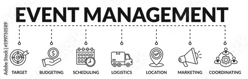 Banner of event management web vector illustration concept with icons of target, budgeting, scheduling, logistics, location, coordinating