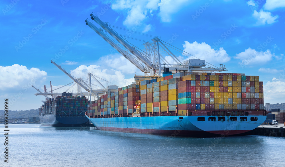 International container cargo and freight ships docked in Seattle port terminals.
