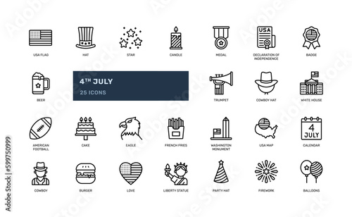 4th july independence day of usa patriotism and nationality detailed outline line icon set