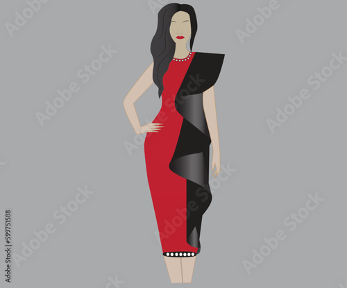 Women fashion vector illustration.Black and Red bodycon dress with draped sleeve and pearl design.