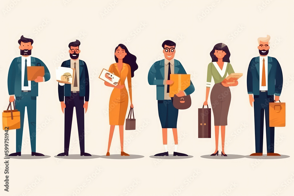 Fototapeta premium Set of business people with money. Happy successfull character with a pile of coin, standing by the banknotes and big bag full of cash