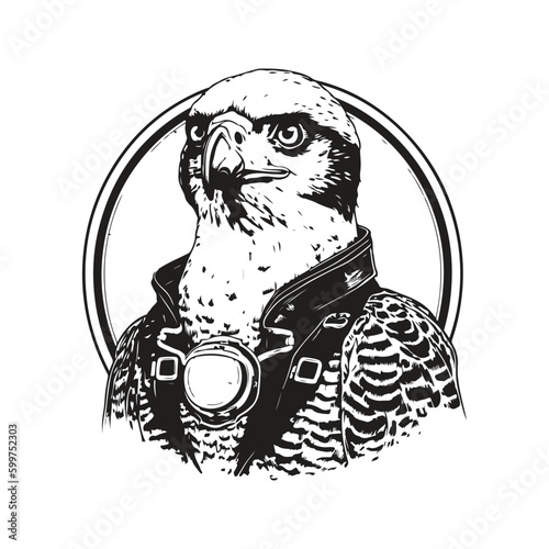 falcon pilot, vintage logo line art concept black and white color, hand drawn illustration