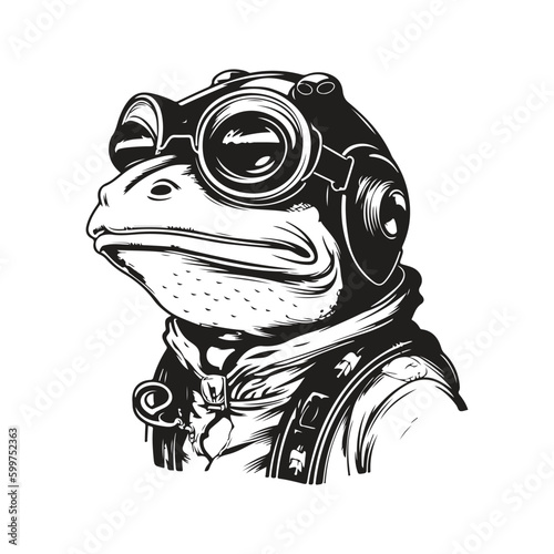 frog zepplin pilot, vintage logo line art concept black and white color, hand drawn illustration photo