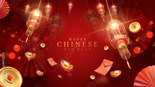 3d realistic chinese new year ornaments with light effect decorations and bokeh on red background. Vector illustration.