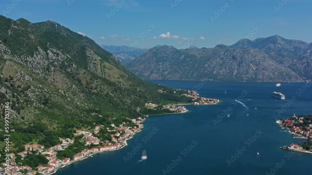Aerial panorama view of Kotor bay, Kotor town landscape and cruise ships. Montenegro, 4k Aerial panorama view of Kotor bay, Kotor town landscape and cruise ships. Montenegro, 4k