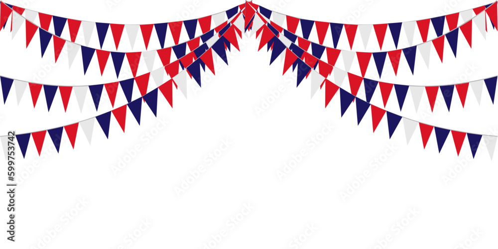 Obraz premium Bunting Hanging Red White Blue Flags Triangles Garland Banner Background. United State of America, France, Thailand, New Zealand, Netherlands, British, Great Britain, USA