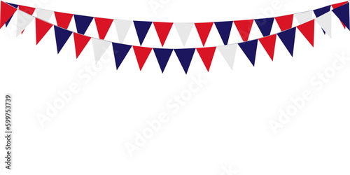 Bunting Hanging Red White Blue Flags Triangles Garland Banner Background. United State of America, France, Thailand, New Zealand, Netherlands, British, Great Britain, USA
