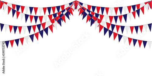 Bunting Hanging Red White Blue Flags Triangles Garland Banner Background. United State of America, France, Thailand, New Zealand, Netherlands, British, Great Britain, USA