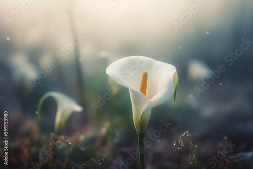 Calla lily flowers in botanical garden. Neural network AI generated art Generative AI