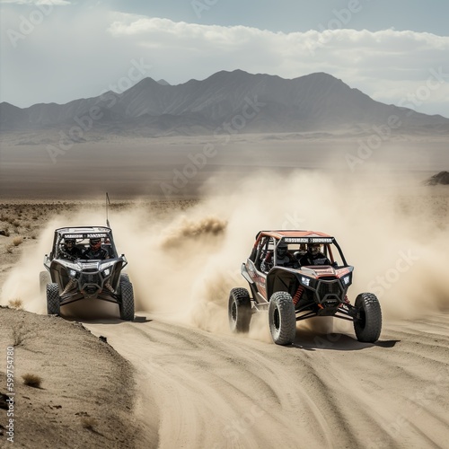 Two Side By Sides Racing through the desert sand 
