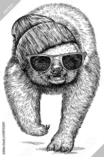 Vintage engraving isolated honey badger set glasses dressed fashion illustration ink costume sketch. Ratel background tropical animal silhouette sunglasses hipster hat art. Hand drawn vector image.