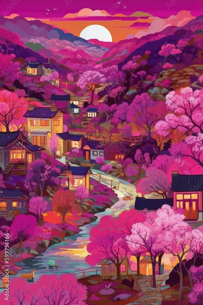Pink and purple landscape illustrations.