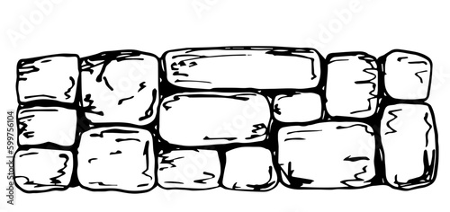 Simple black outline vector drawing. Ancient wall made of stone blocks. Historical buildings, fortification.
