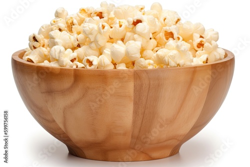 wooden bowl filled with popcorn on a white background Generative AI photo