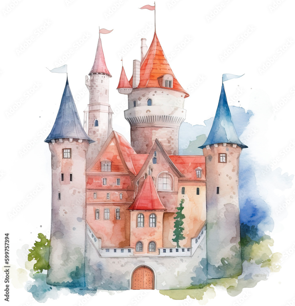 Watercolor fantasy castle. Sky kingdom with clouds. Fairytale with Generative AI
