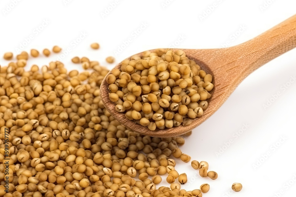wooden spoon full of nutritious brown lentils on a clean white background Generative AI wooden spoon full of nutritious brown lentils on a clean white background Generative AI