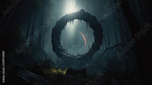 arch portal magial fantasy in the jungle at midnight. Generative Ai photo