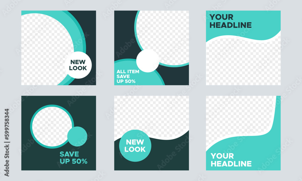 Set of Editable minimal square banner template. Turquoise background color. Suitable for social media post and web internet ads. Vector illustration with photo space - obrazy, fototapety, plakaty 