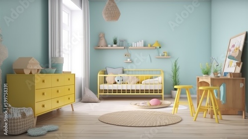 mockup room interior clean clear colourful accent wall kidroom area daylight home interior design concept,image ai generate photo