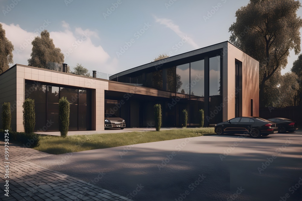 house with a garage and a garage natural lighting. generative AI