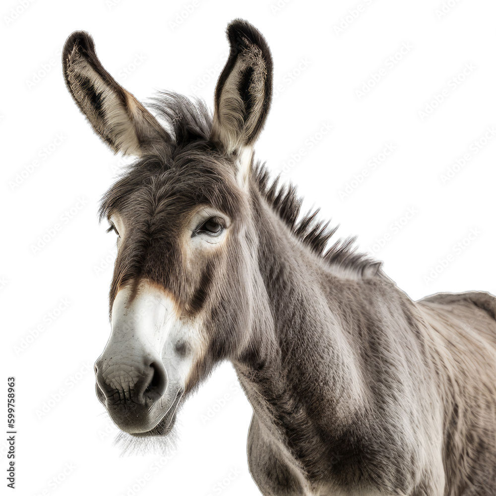 portrait of a donkey isolated on transparent background cutout