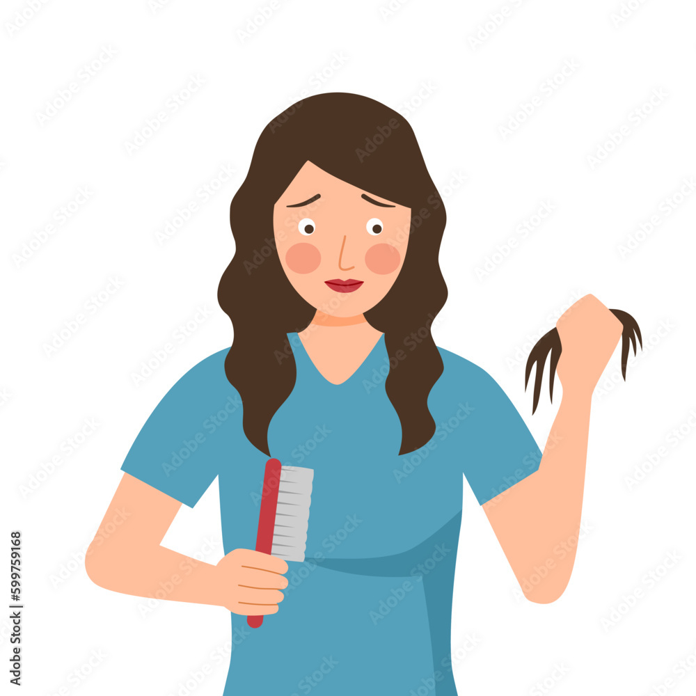 Young woman worrying about her hair fall problem in flat design on white background. Young woman worrying about her hair fall problem in flat design on white background.