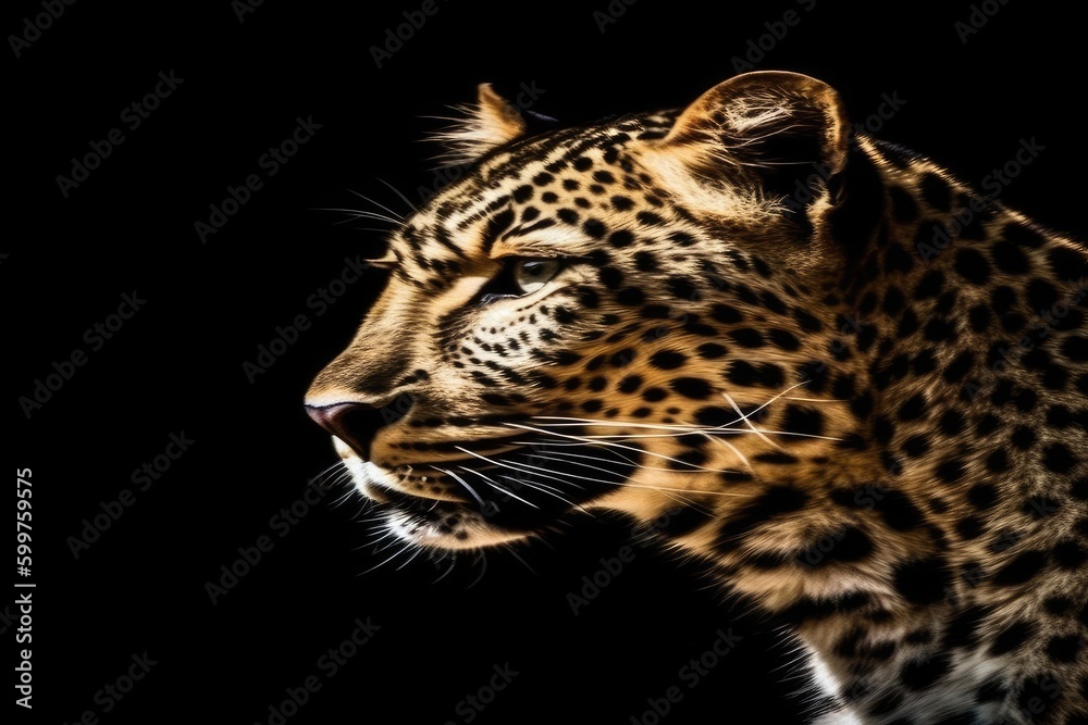 Fototapeta premium fierce leopard staring directly at the viewer on a dramatic black background Generative AI