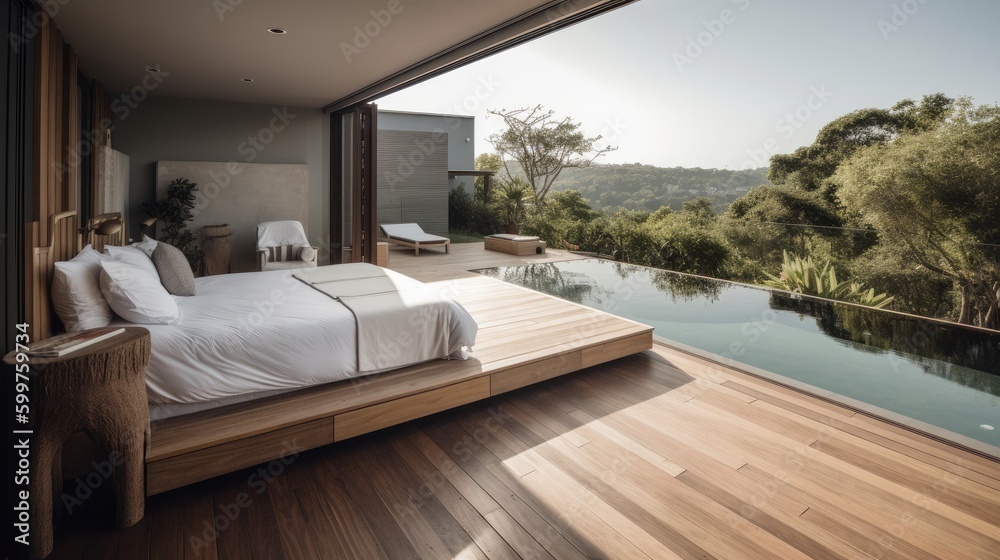 bedroom with swiming pool resort home interior background concept ...