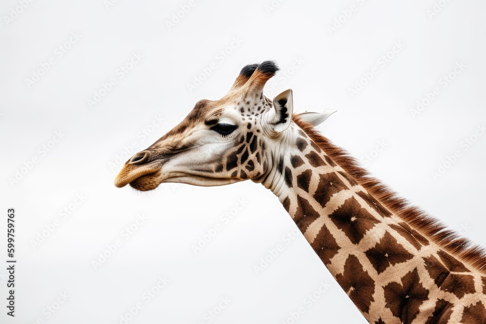 Naklejka premium majestic giraffe against a blue sky background in close-up view Generative AI