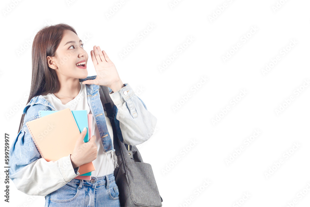 Smiling Asian female student keeps hand near mouth and whispers secre. PNG file format isolated on transparent background Smiling Asian female student keeps hand near mouth and whispers secre. PNG file format isolated on transparent background