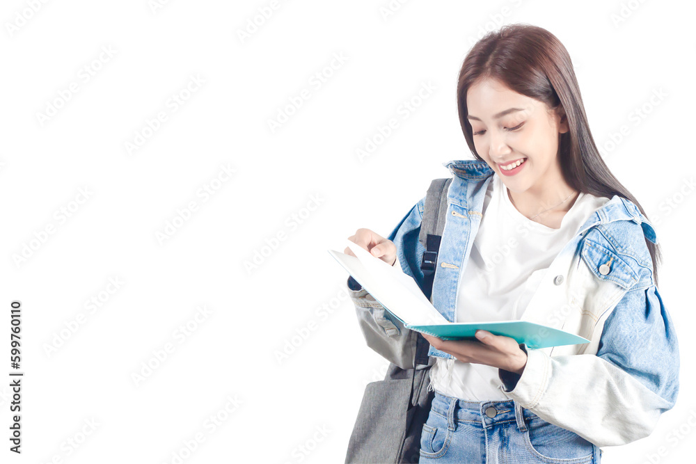 Smiling Asian female student standing and reading a book. PNG file format isolated on transparent background Smiling Asian female student standing and reading a book. PNG file format isolated on transparent background