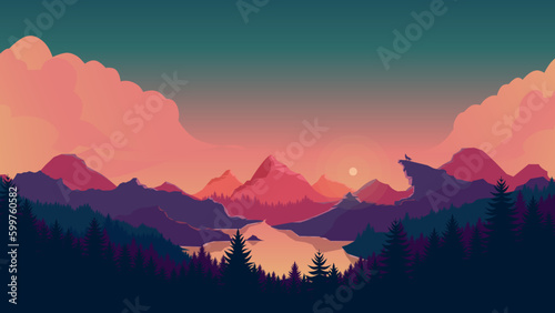 Sunset mountains landscape background, colorful gradation sky, flat mountain background