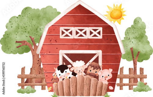 Watercolor Illustration set of cute farm animals and farm house